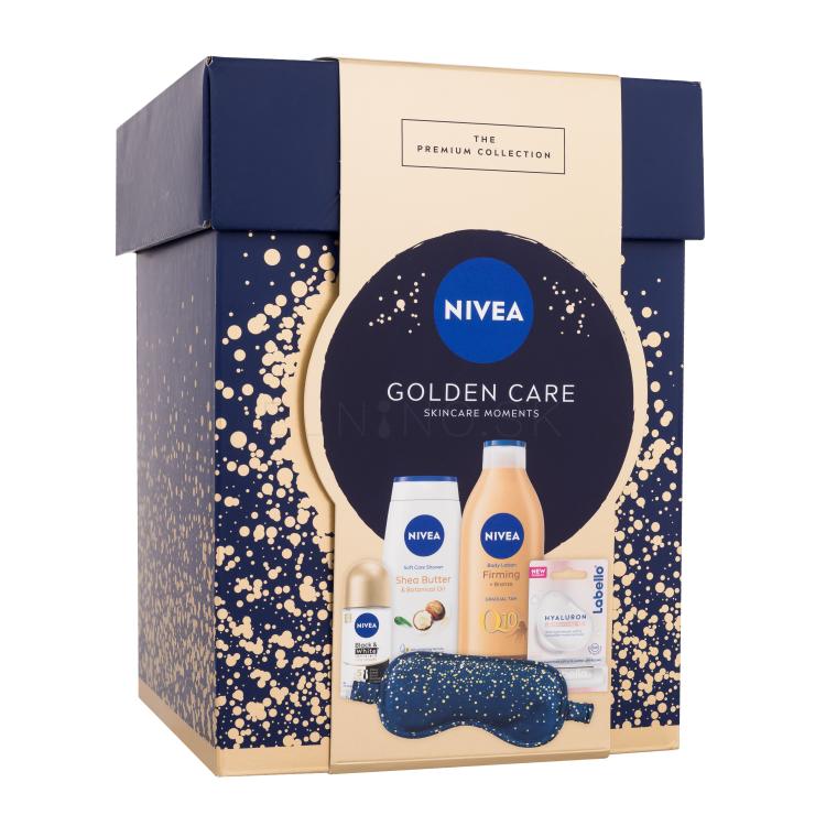 Nivea Golden Care Skincare Moments Darčeková kazeta telové mlieko Q10 Firming Bronze 400 ml + sprchovací gél Shea Butter &amp; Botanical Oil 250 ml + antiperspirant Black &amp; White Invisible Silky Smooth 50 ml + balzam na pery Labello Hyaluron Rosé 5,2 g + saténová maska na spanie