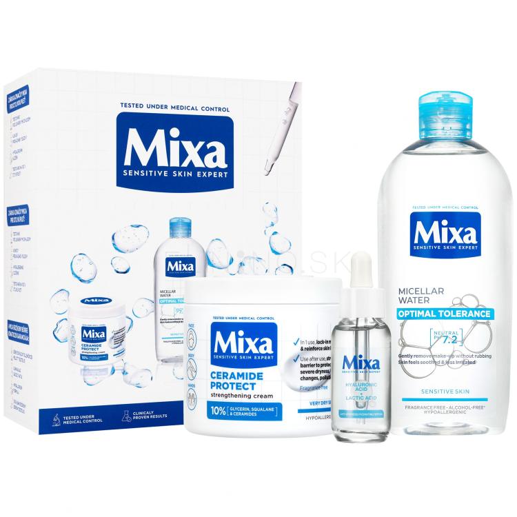 Mixa Hyaluronic Acid + Lactic Acid Anti-Dryness Hydrating Serum Darčeková kazeta pleťové sérum Hyaluronic Acid Lactic Acid Serum 30 ml + micelárna voda Optimal Tolerance Micellar Water 400 ml + telový krém Ceramide Protect Strengthening Cream 400 ml