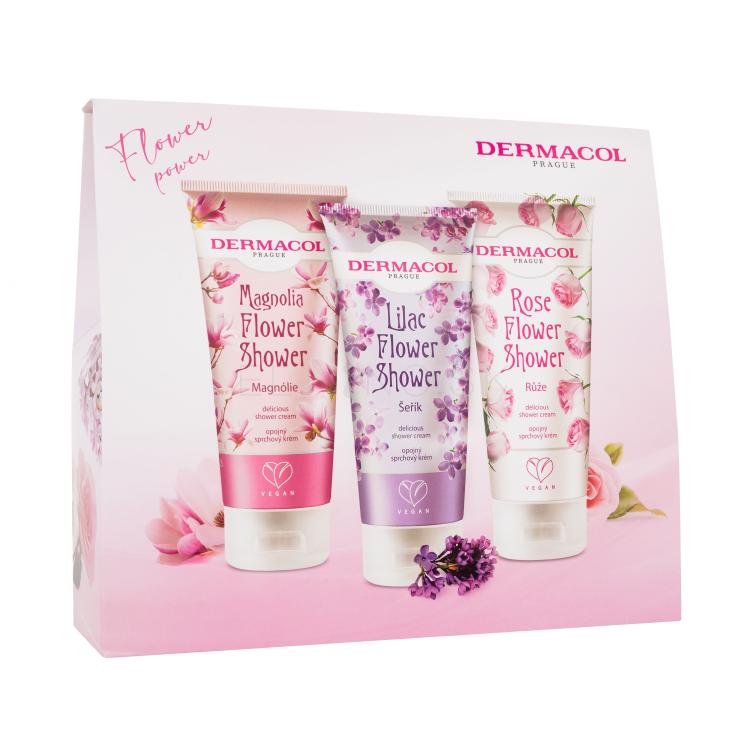 Dermacol Flower Power Darčeková kazeta sprchovací krém Magnolia Flower 200 ml + sprchovací krém Lilac Flower 200 ml + sprchovací krém Rose Flower 200 ml