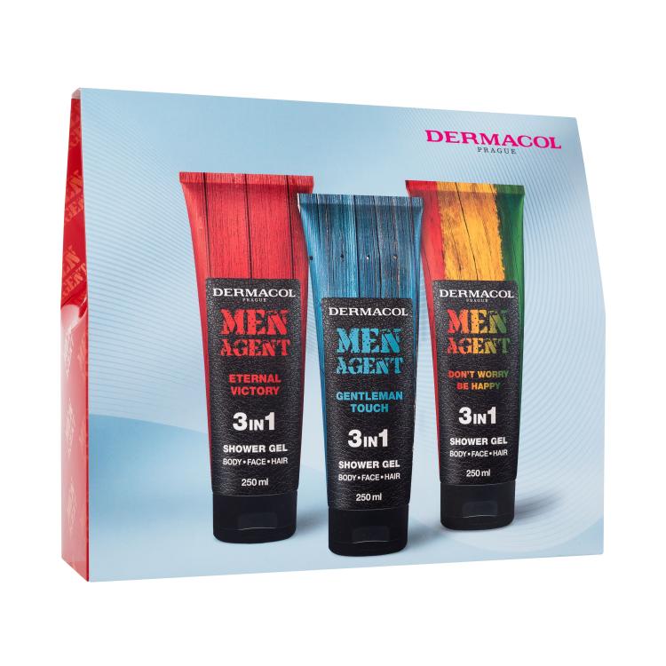 Dermacol Men Agent Darčeková kazeta sprchovací gél Men Agent Eternal Victory 3v1 250 ml + sprchovací gél Men Agent Gentleman Touch 3v1 250 ml + sprchovací gél Men Agent Don&#039;t Worry Be Happy 3v1 250 ml