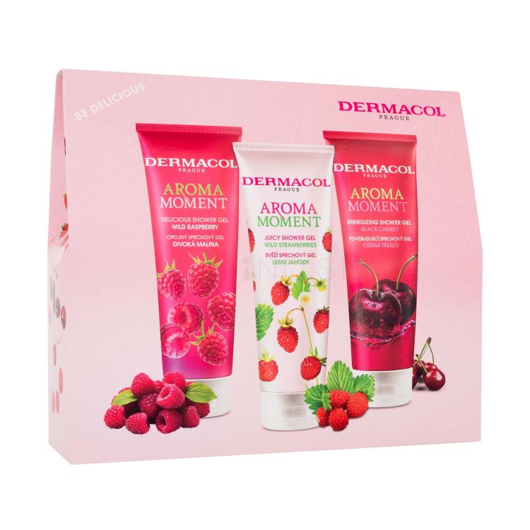 Dermacol Aroma Moment Be Delicious Darčeková kazeta sprchovací gél Wild Raspberry 250 ml + sprchovací gél Wild Strawberries 250 ml + sprchovací gél Black Cherry 250 ml