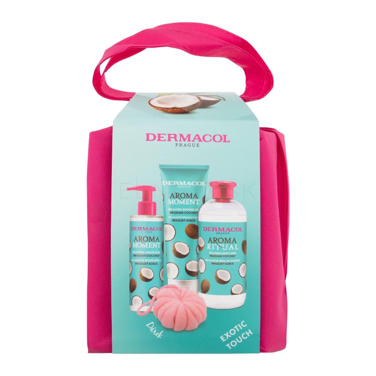 Dermacol Aroma Moment Brazilian Coconut Darčeková kazeta sprchovací gél Brazilian Coconut 250 ml + pena do kúpeľa Brazilian Coconut 500 ml + tekuté mydlo Brazilian Coconut 250 ml + umývacia hubka + taška