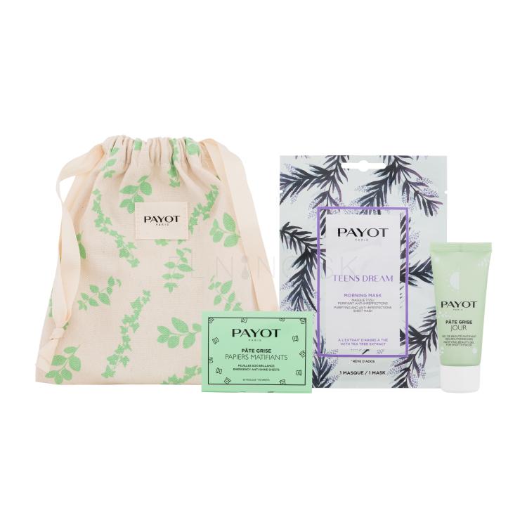 PAYOT Pâte Grise Kit Maskné Darčeková kazeta pleťový gél Pate Grise Jour 30 ml + ranná pleťová maska Teens Dream 1 ks + zmatňujúce papieriky Pate Grise 50 ks + vrecúško