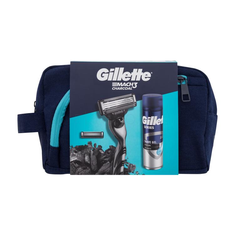 Gillette Mach3 Charcoal Darčeková kazeta holiaci strojček 1 ks + holiaci gél Series Cleansing 200 ml + náhradná hlavicaa 1 ks + kozmetická taštička