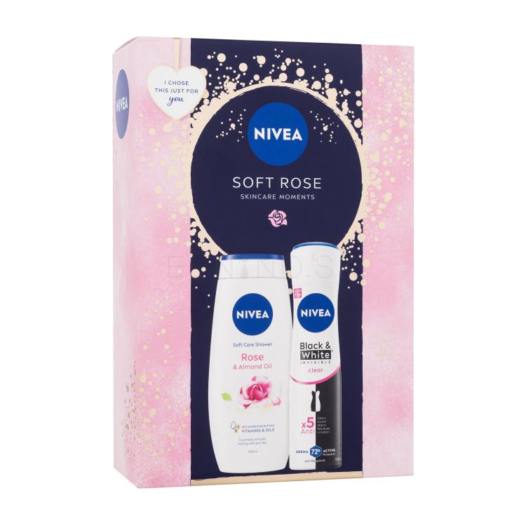 Nivea Soft Rose Darčeková kazeta antiperspirant Invisible Black &amp; White Clear 150 ml + sprchovací gél Rose &amp; Almond Oil 250 ml poškodená krabička