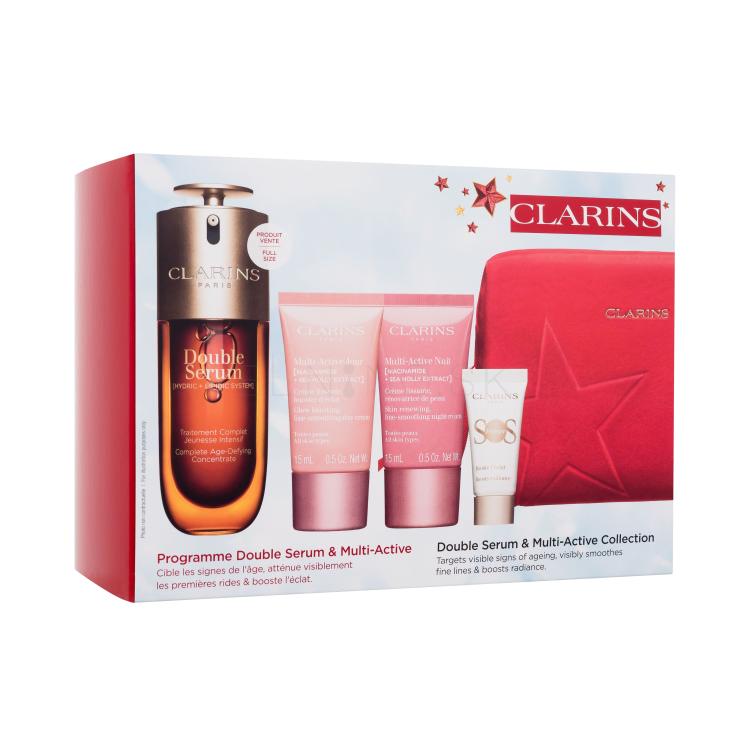 Clarins Double Serum &amp; Multi-Active Collection Darčeková kazeta pleťové sérum Double Serum 50 ml + denný pleťový krém Multi-Active Jour 15 ml + nočný pleťový krém Multi-Active Nuit 15 ml + podkladová báza pod make-up SOS Primer 5 ml + červená kozmetická taštička