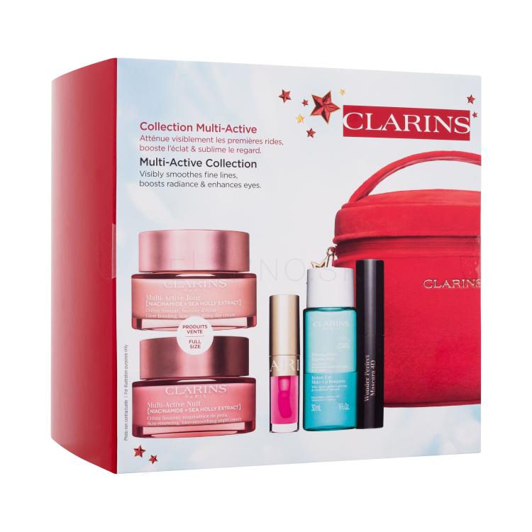 Clarins Multi-Active Collection Darčeková kazeta denný pleťový krém Multi-Active Jour 50 ml + nočný pleťový krém Multi-Active Nuit 50 ml + olej na pery Lip Comfort Oil 1,4 ml 04 Pitaya + odličovač očí Instant Eye Make-Up Remover 30 ml + špirála Wonder Perfect Mascara 4D 3 ml 01 Perfect Black + pleťo