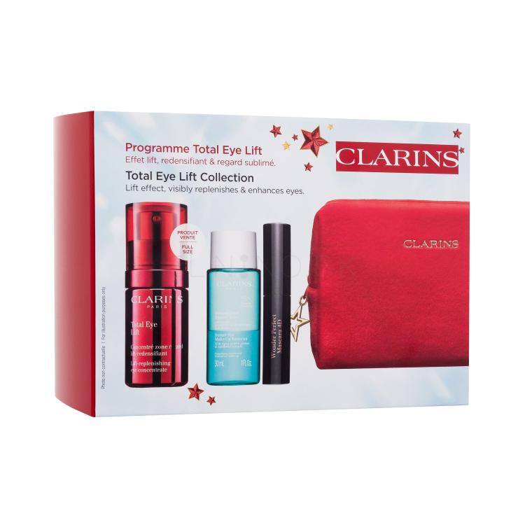 Clarins Total Eye Lift Collection Darčeková kazeta očný krém Total Eye Lift 15 ml + odličovač očí Instant Eye Make-Up Remover 30 ml + špirála Wonder Perfect Mascara 4D 3 ml 01 Perfect Black + červená kozmetická taštička