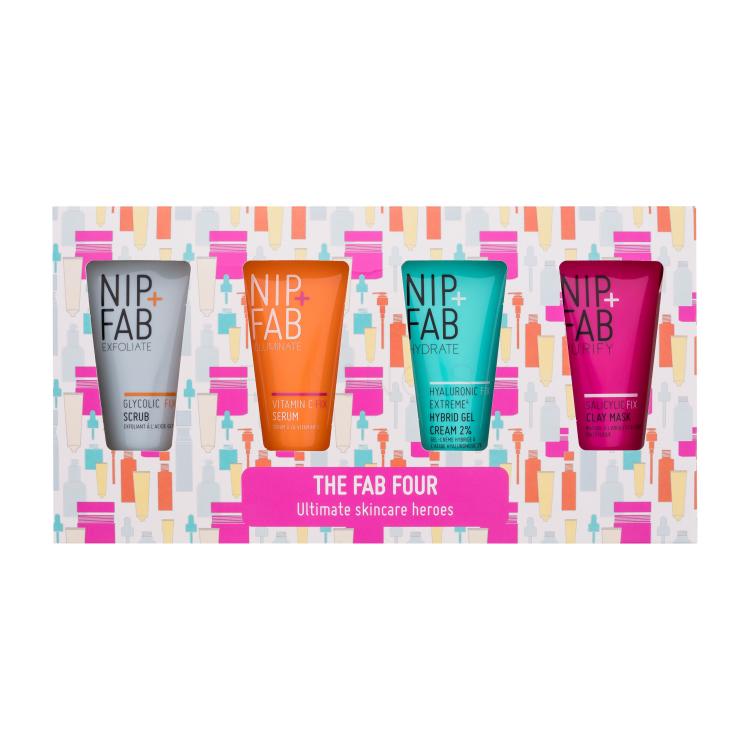 NIP+FAB The Fab Four Ultimate Skincare Heroes Darčeková kazeta pleťový peeling Exfoliate Glycolic Fix Scrub 20 ml + pleťové sérum Illuminate Vitamin C Fix Serum 20 ml + pleťový gél-krém Hydrate Hyaluronic Fix Extreme Hybrid Gel Cream 2% 20 ml + pleťová maska Purify Salicylic Fix Clay Mask 20 ml