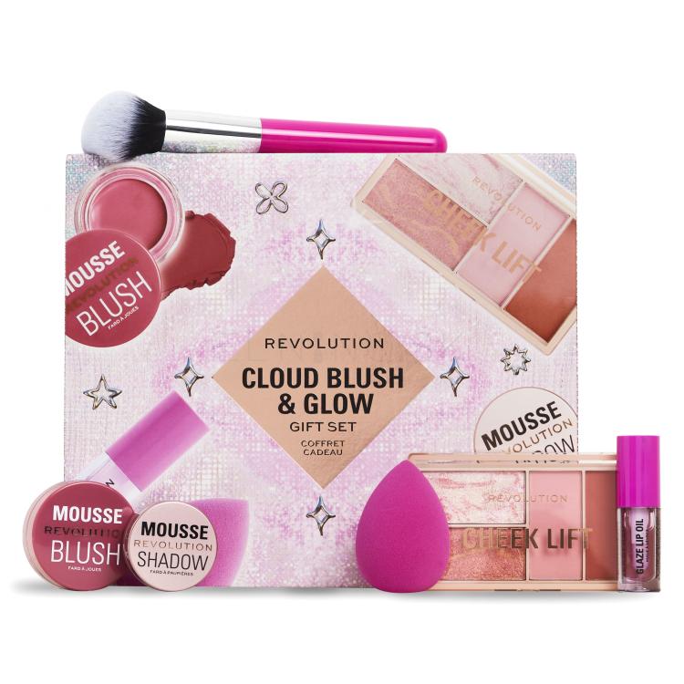 Makeup Revolution London Cloud Blush &amp; Glow Gift Set Darčeková kazeta očné tiene Mousse Shadow 4 g Rose Gold + lícenka Mousse Blush 6 g Blossom Rose Pink + olej na pery Lip Oil 1,4 ml Pink + kontúrovacia paletka Cheek Lift Palette 12 g + hubka na make-up + kozmetický štetec