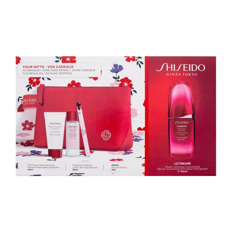 Shiseido Ultimune Power Infusing Concentrate Darčeková kazeta pleťové sérum Ultimune Power Infusing Concentrate 50 ml + čistiaca pena Clarifying Cleansing Foam 30 ml + pleťová voda Treatment Softener 30 ml + parfumovaná voda 4 ml + kozmetická taštička