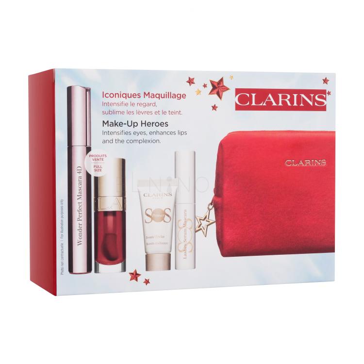 Clarins Make-up Heroes Darčeková kazeta špirála Wonder Perfect Mascara 4D 8ml + olej na pery Lip Comfort Oil 7 ml 03 Cherry + podkladová báza SOS Primer White 5 ml + podkladová báza a sérum pod špirálu SOS Lashes Serum Mascara 3 ml + kozmetická taštička