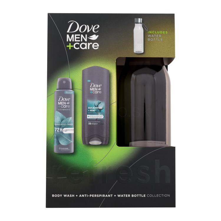 Dove Men + Care Eucalyptus + Mint Darčeková kazeta sprchovací gél Men Care Eucalyptus Mint 250 ml + antiperspirant Men Care Eucalyptus Mint 72H 150 ml + plastová fľaša na vodu