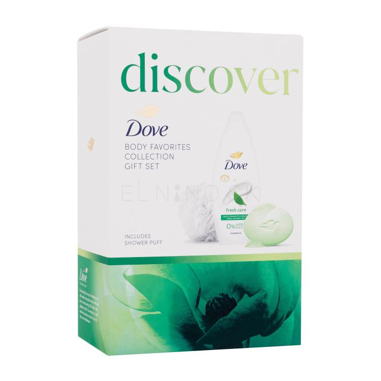 Dove Discover Gift Set Darčeková kazeta sprchovací gél Fresh Care 250 ml + tuhé mydlo Refreshing Beauty Cream Bar 90 g + umývacia hubka