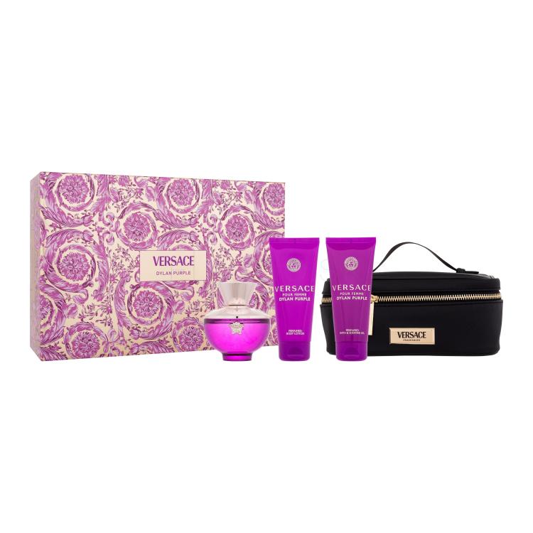 Versace Pour Femme Dylan Purple Darčeková kazeta parfumovaná voda 100 ml + sprchovací gél 100 ml + telové mlieko 100 ml + kozmetická taška