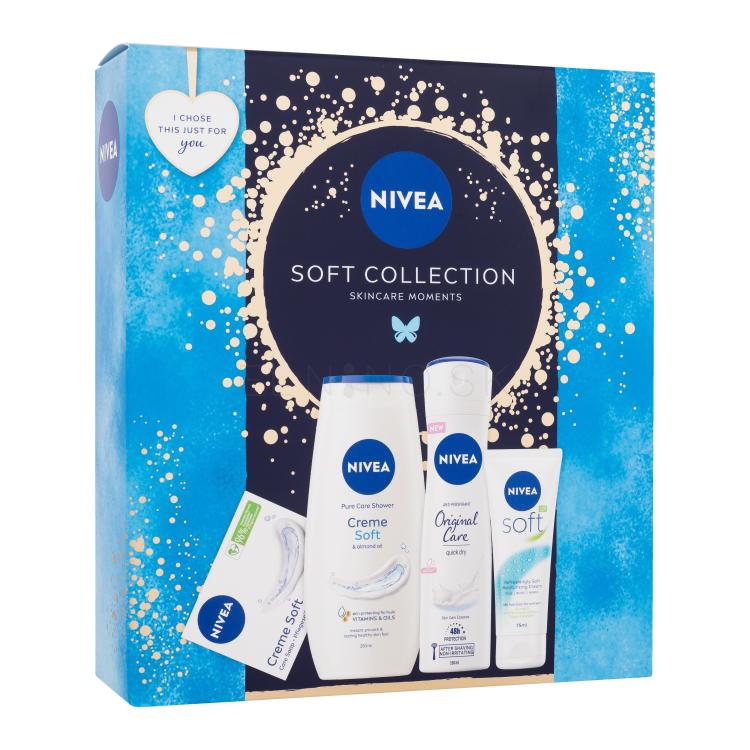 Nivea Soft Collection Darčeková kazeta krém Soft 75 ml + sprchovací gél Creme Soft 250 ml + antiperspirant Original Care 150 ml + tuhé mydlo Creme Soft 100 g poškodená krabička