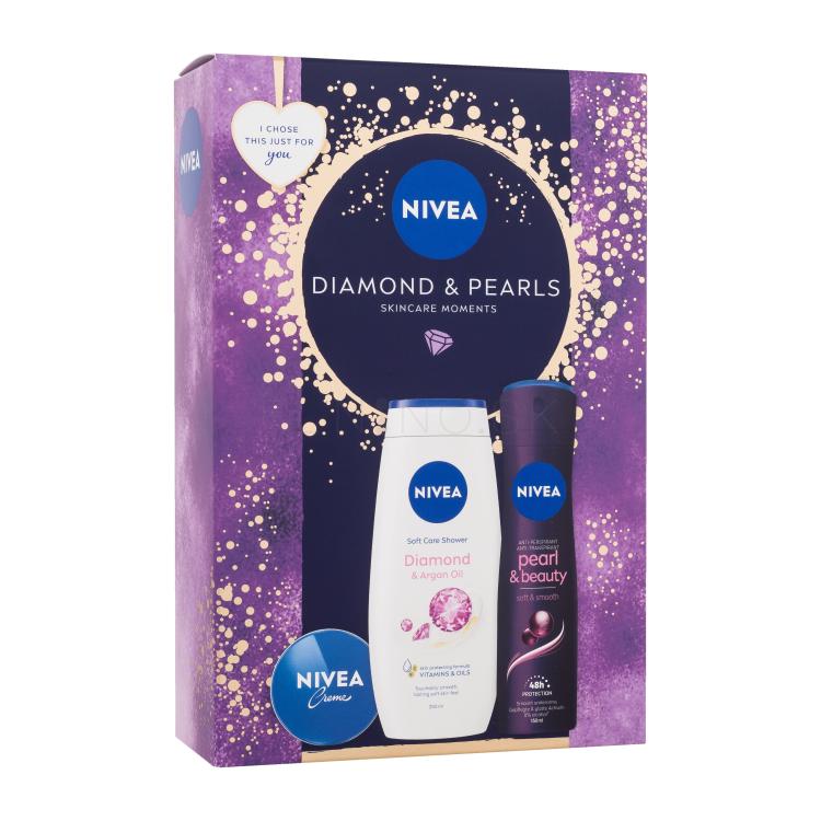 Nivea Diamond &amp; Pearls Darčeková kazeta univerzálny krém Creme 30 ml + antiperspirant Pearl &amp; Beauty Black 150 ml + sprchovací krém Diamond &amp; Argan Oil 250 ml poškodená krabička