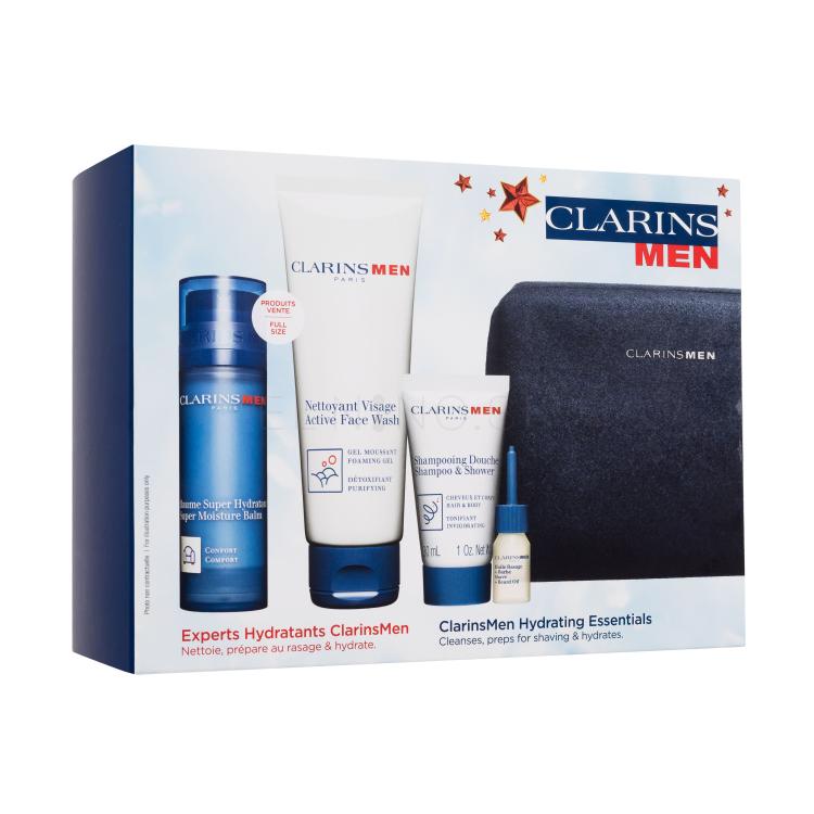 Clarins Men Hydrating Essentials Darčeková kazeta pleťový balzam Super Moisture Balm 50 ml + čistiaci gél Active Face Wash 125 ml + sprchovací gél Shampoo &amp; Shower 30 ml + olej na holenie a fúzy Shave &amp; Beard Oil 3 ml + kozmetická taštička poškodená krabička