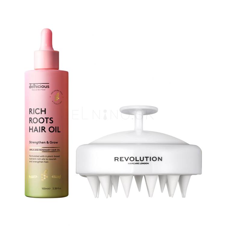 Set Kefa na vlasy Revolution Haircare London Stimulating Scalp Massager + Olej na vlasy Delhicious Rich Roots Hair Oil