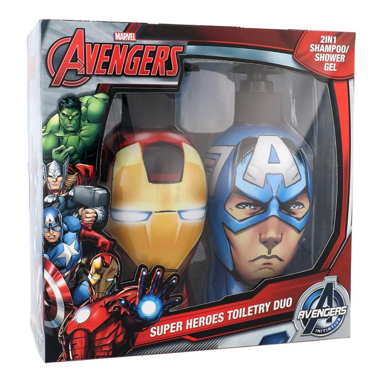 Marvel Avengers Iron Man &amp; Captain America Darčeková kazeta šampón &amp; sprchovací gél 2v1 Iron Man 300 ml + šampón &amp; sprchovací gél 2v1 Captain America 300 ml poškodená krabička